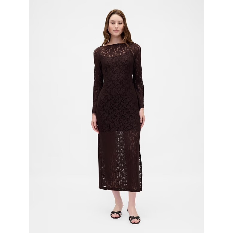 Gap Womens Brown Floral Lace Maxi Dress Long Bell Sleeve Side Slit Size M New